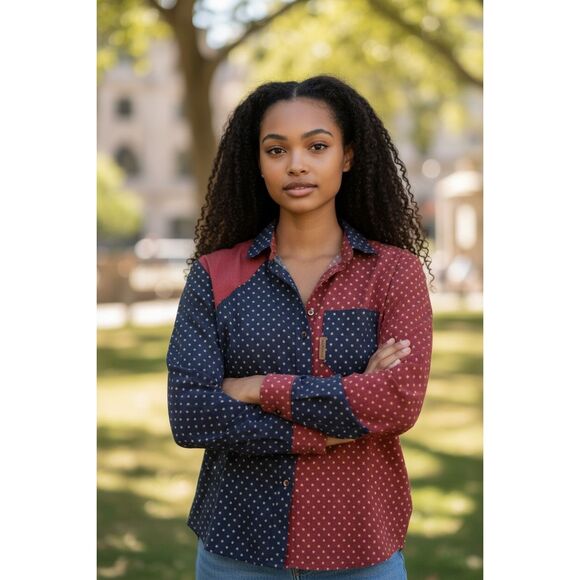 Vintage Banjo Dallas Texas Western Shirt Red Blue Polka Dot Patchwork Medium USA - Picture 2 of 7